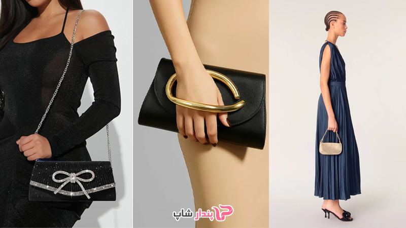 کیف مجلسی زنانه مشکی با دسته طلایی و نقره ای